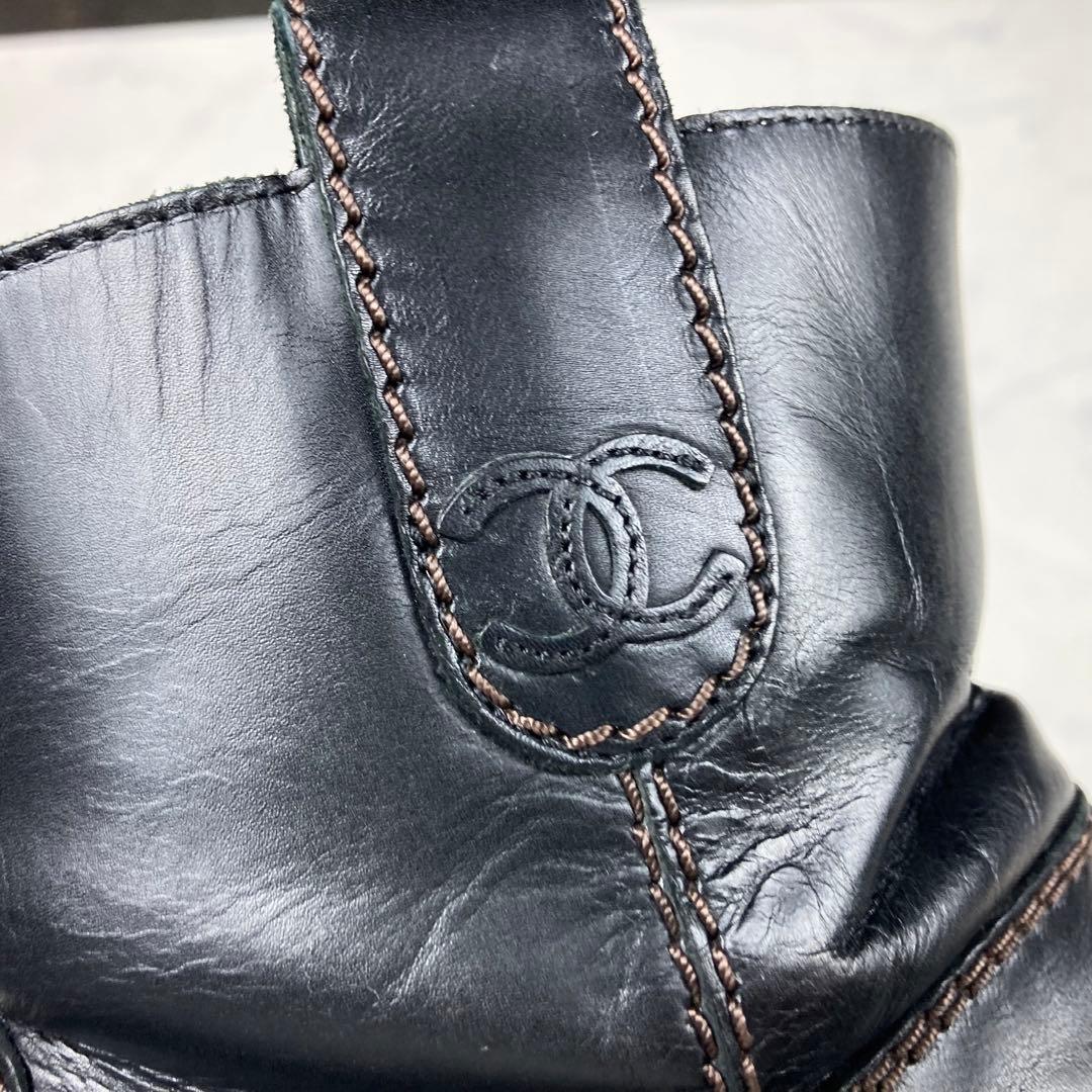 CHANEL ココマーク ムートンブーツ 黒 レザー