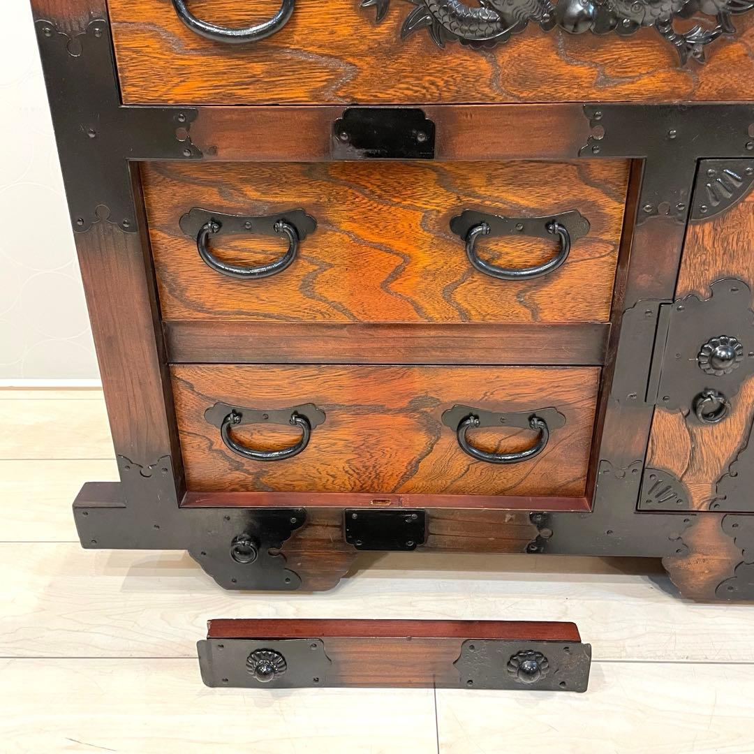 【希少】時代箪笥 車箪笥 和箪笥 龍金具 無垢材 民芸家具 レトロ アンティーク