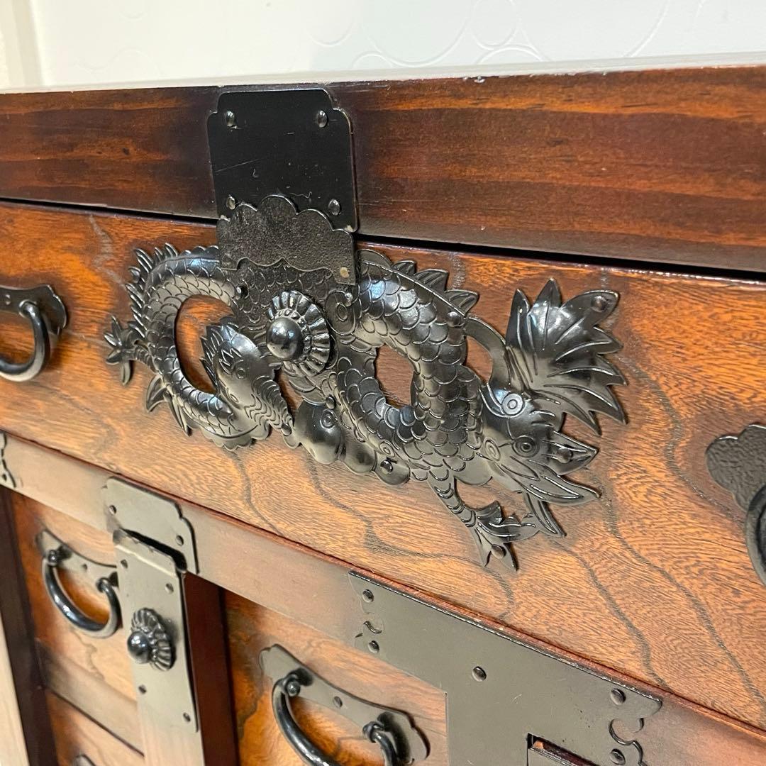 【希少】時代箪笥 車箪笥 和箪笥 龍金具 無垢材 民芸家具 レトロ アンティーク