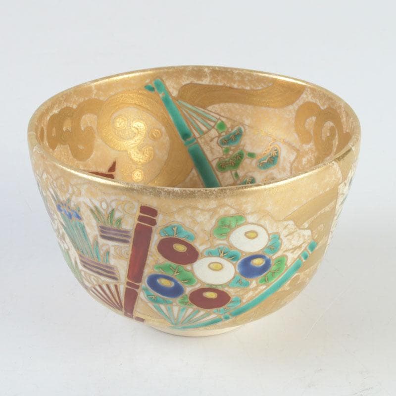 茶道具　京焼　上山善峰作　金砂子　扇面流茶碗　共箱　V　9825