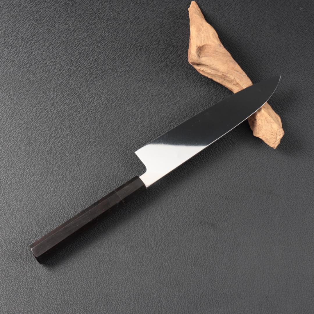 11038牛刀7寸家庭用 業務用 刺身包丁 鏡面仕上げ 両刃 黒檀黒水牛角八角柄