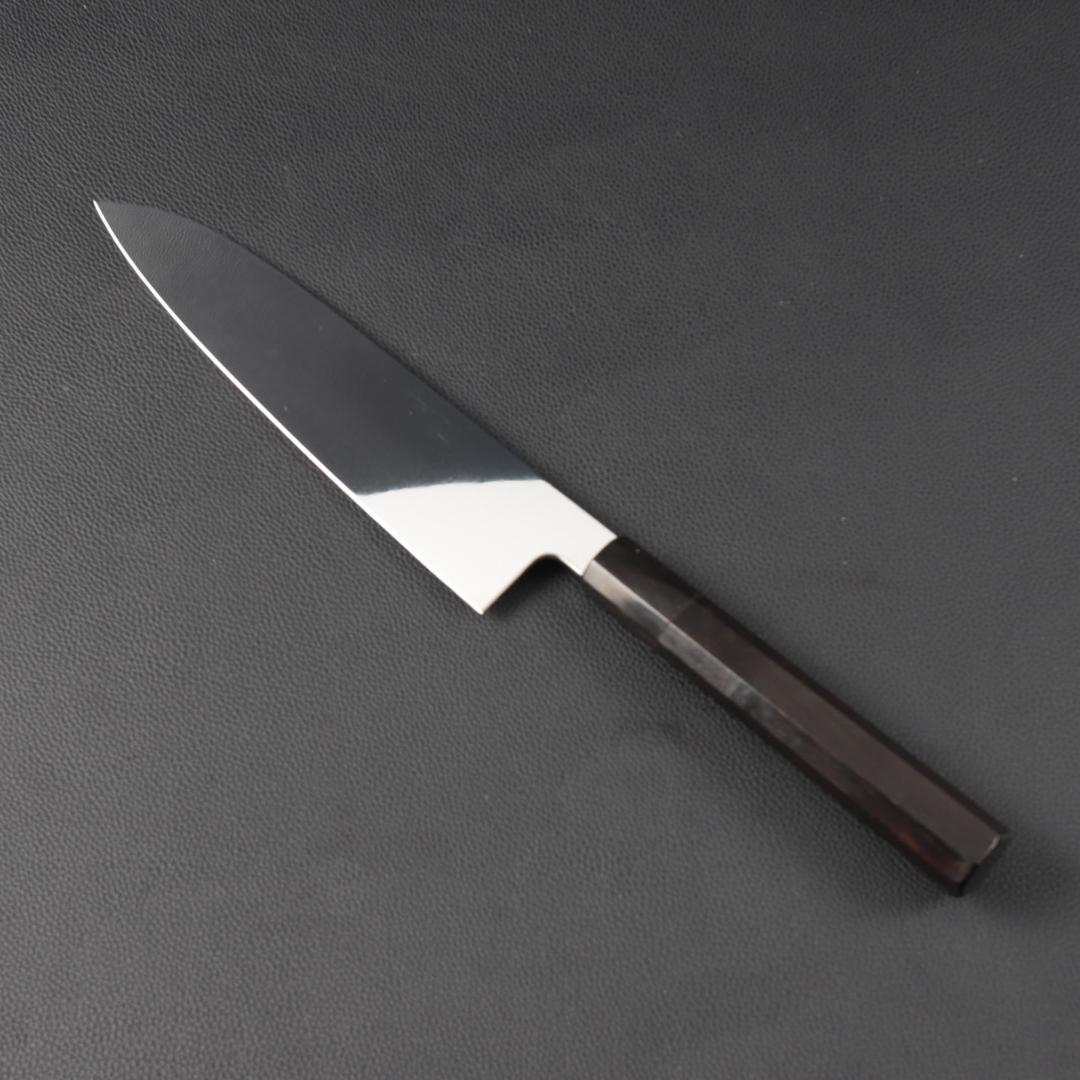 11038牛刀7寸家庭用 業務用 刺身包丁 鏡面仕上げ 両刃 黒檀黒水牛角八角柄