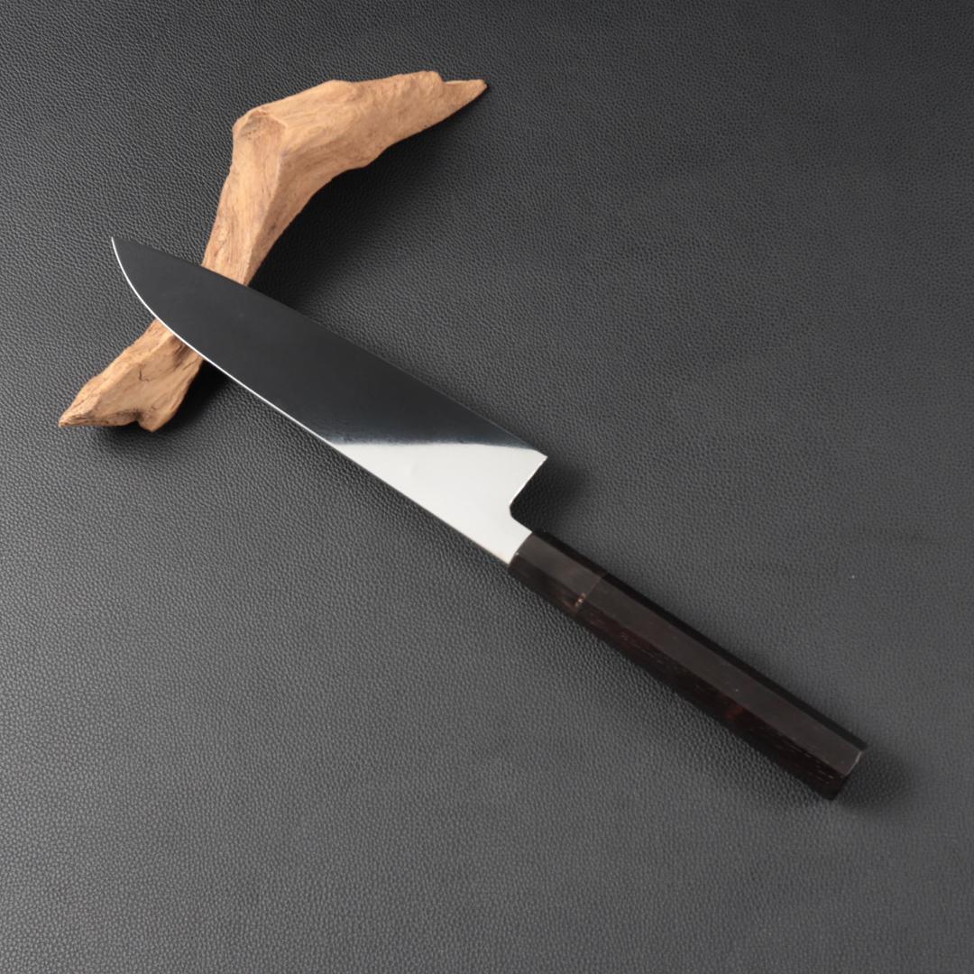 11038牛刀7寸家庭用 業務用 刺身包丁 鏡面仕上げ 両刃 黒檀黒水牛角八角柄