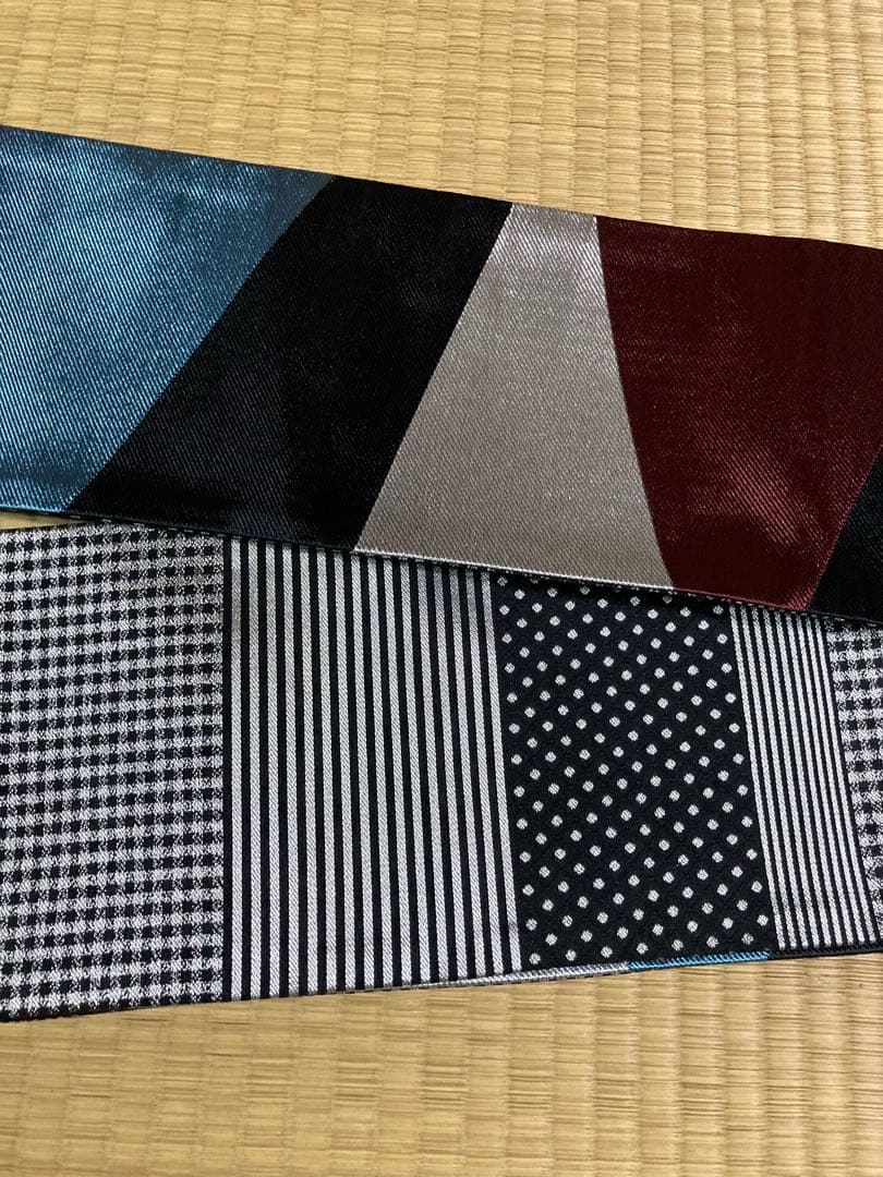 【撫松庵】大柄幾何模様とストライプ・ドット等リバーシブル半幅帯