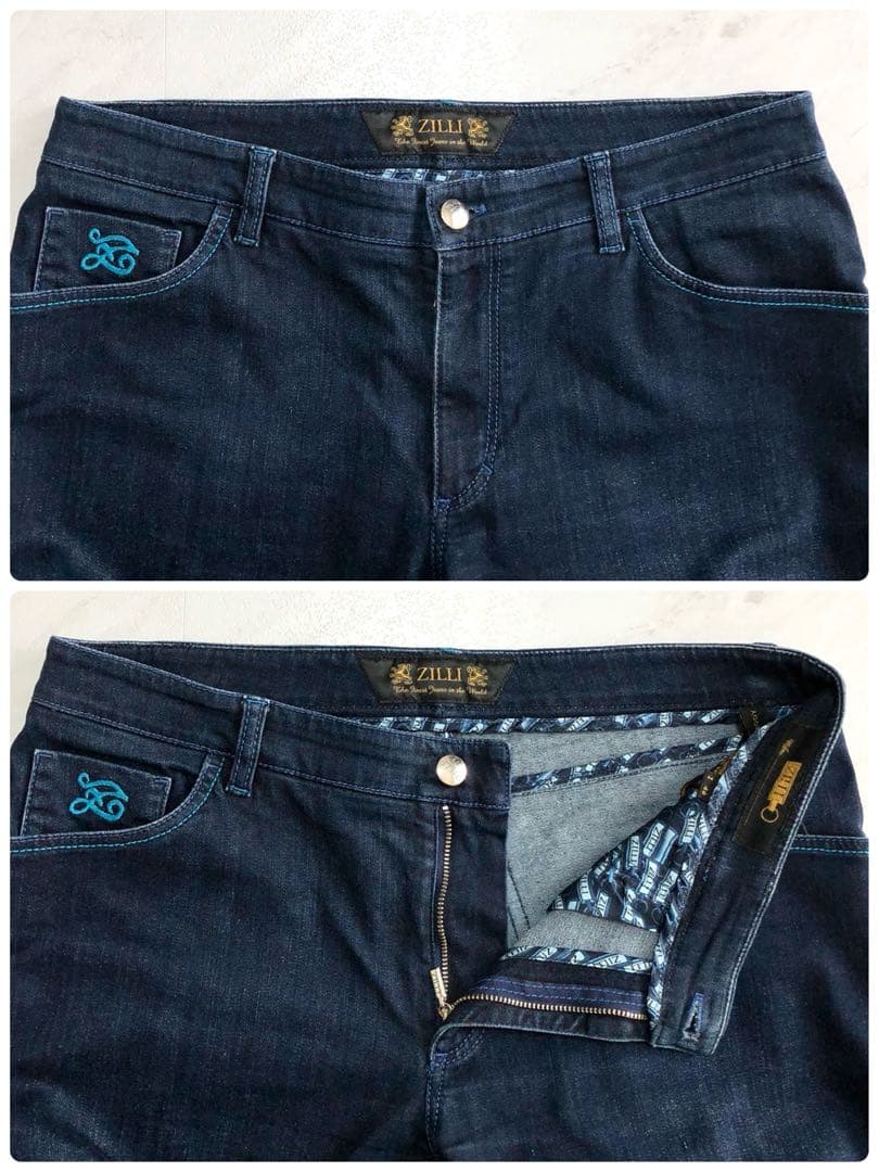 【美品 希少】ZILLI デニム パンツ ストレッチ 濃紺 総柄 レザー 48