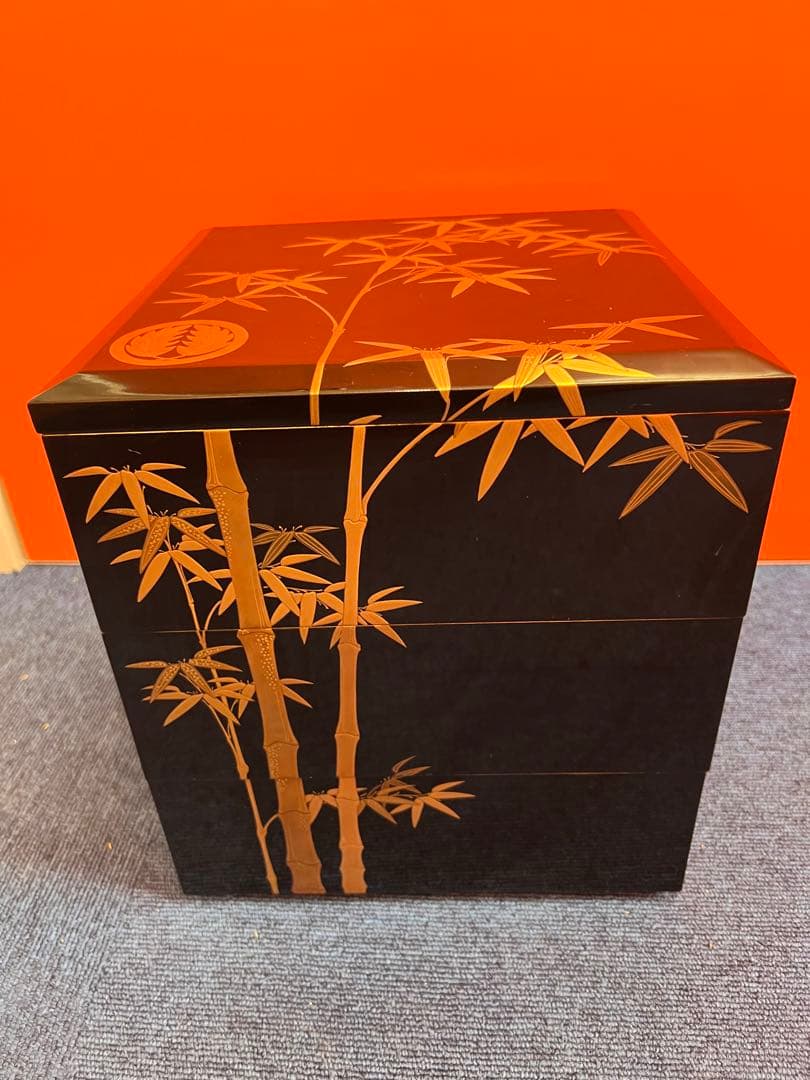 937 黒漆塗り沈金重箱　金蒔絵　竹　3重　高級　美品