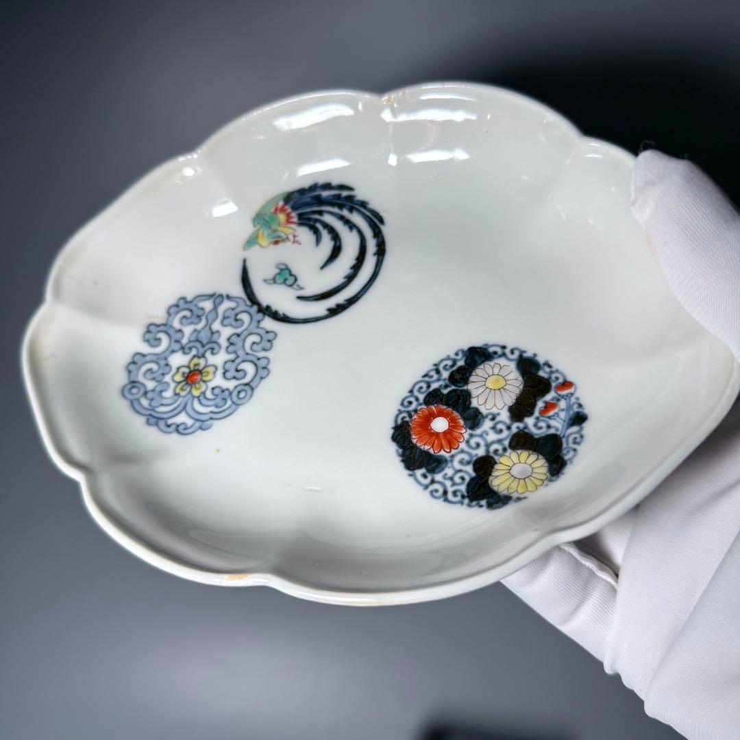 大正〜昭和初期　十二代柿右衛門　錦　丸文様　鳳凰文　変形皿　角福　5枚　希少な器