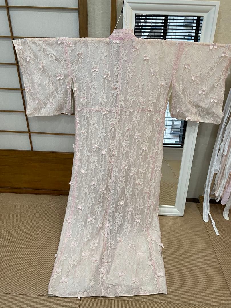 蝶柄 レース着物 ピンク 和洋ミックス 小紋 バッグおまけ付き