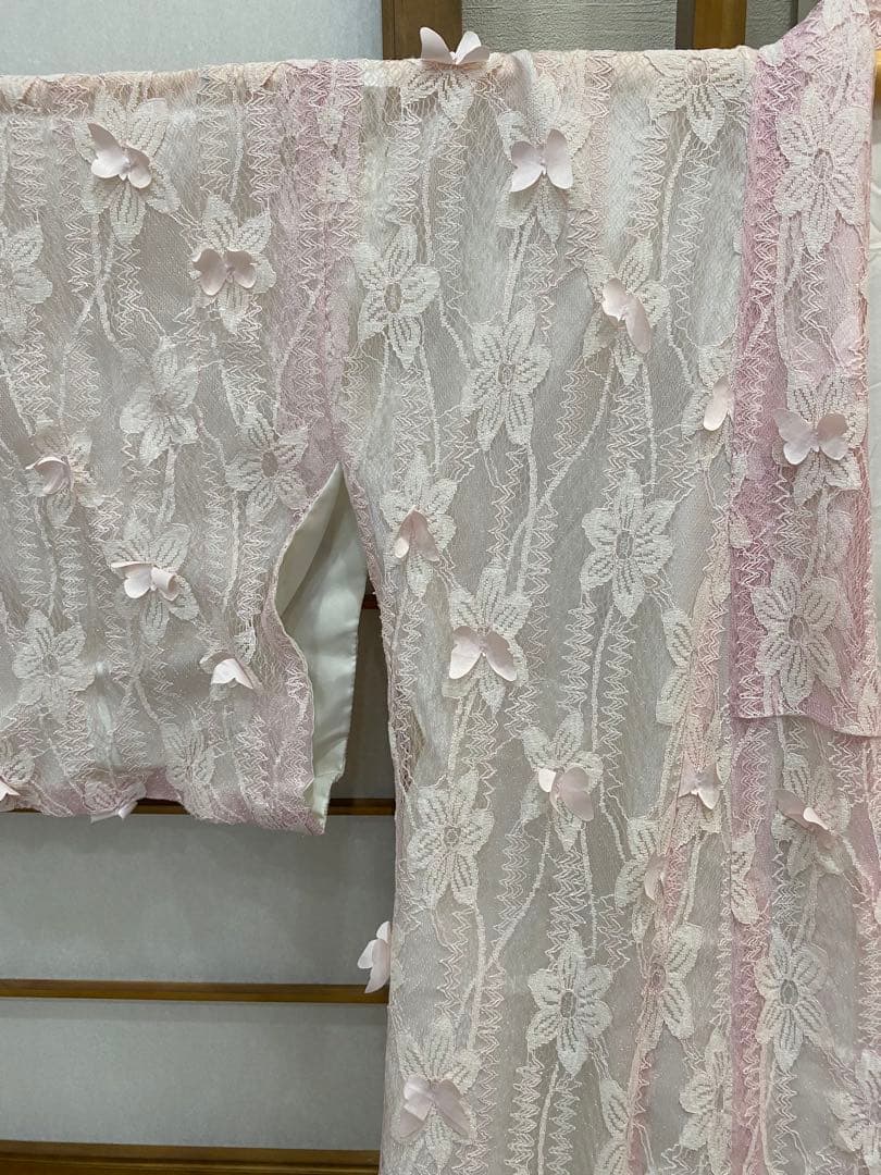 蝶柄 レース着物 ピンク 和洋ミックス 小紋 バッグおまけ付き