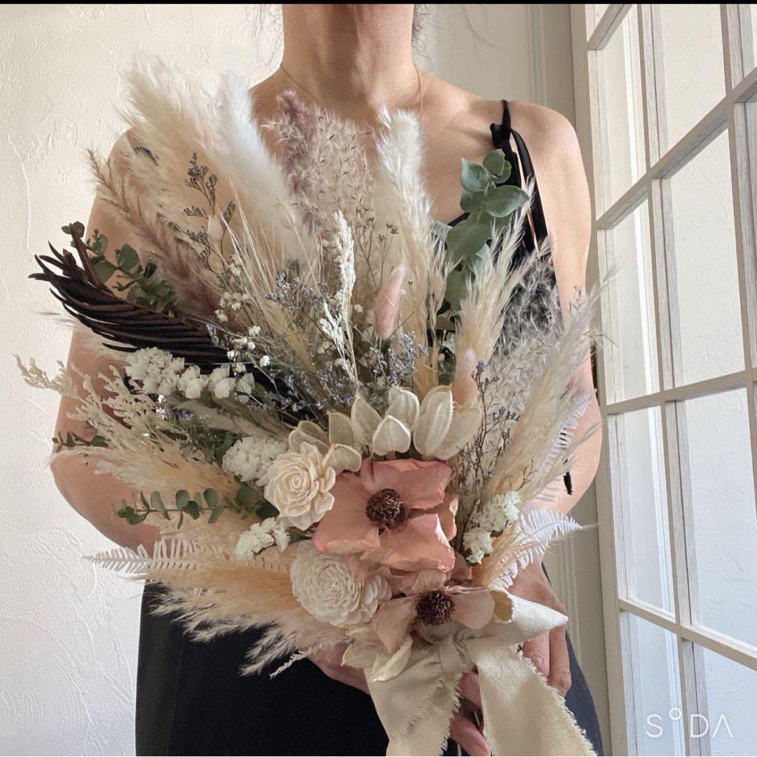 ドライフラワーブライダルブーケ　パームフラワー　　さくらピンク　クラシカル