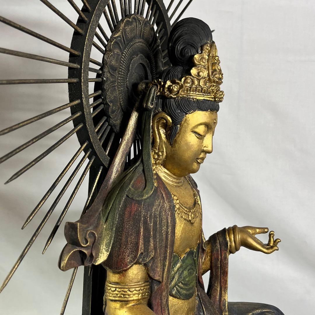 木彫り 観音 楠彫 仏像 戴元偉作 願掛け観音 東京書芸館 古色金彩仕上げ