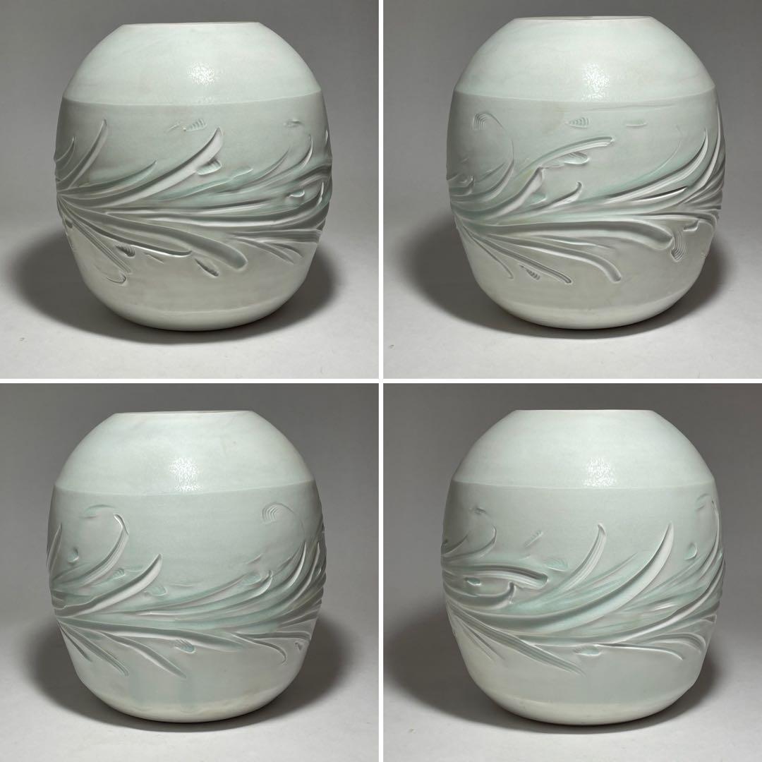 ◆ボストン美術館所蔵陶芸家【叶光夫】造 白瓷刻文花瓶 共箱・共布・栞付 昭和時代