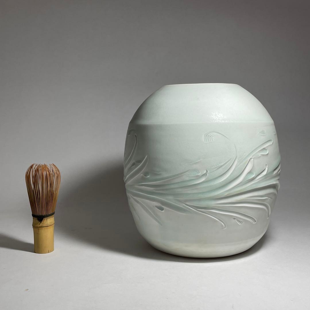 ◆ボストン美術館所蔵陶芸家【叶光夫】造 白瓷刻文花瓶 共箱・共布・栞付 昭和時代