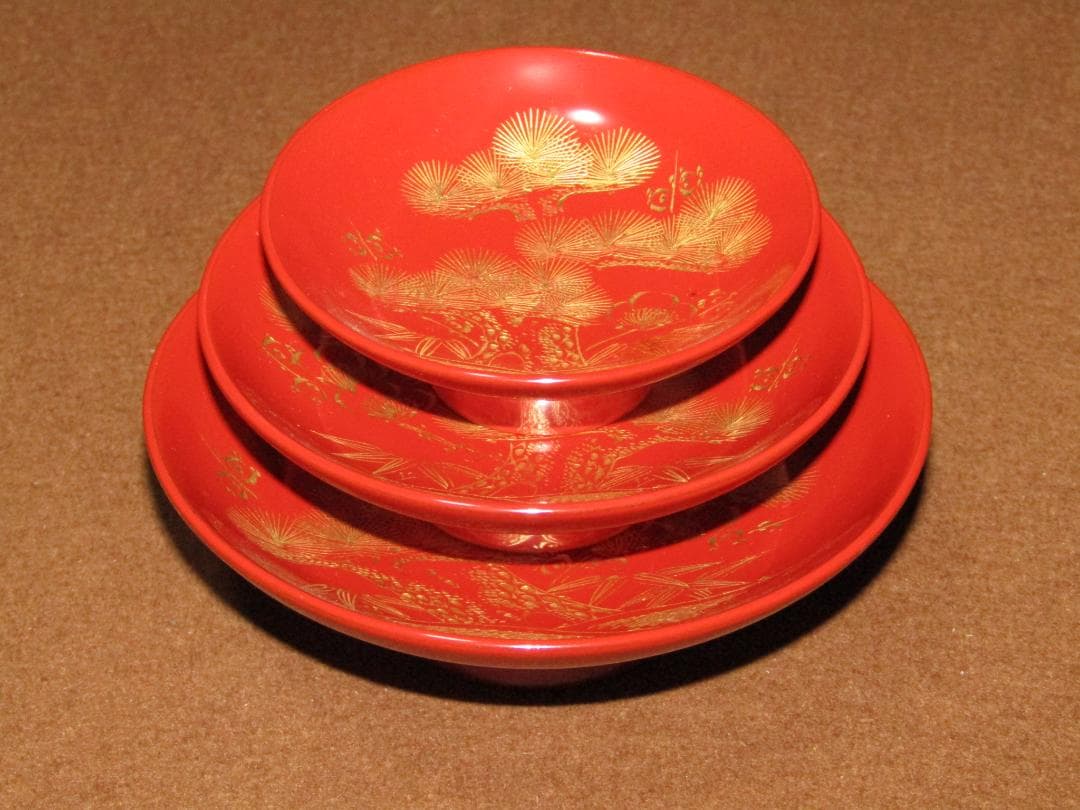 【輪島塗　松竹梅鶴亀　沈金蒔絵　屠蘇器揃】美品　正月道具