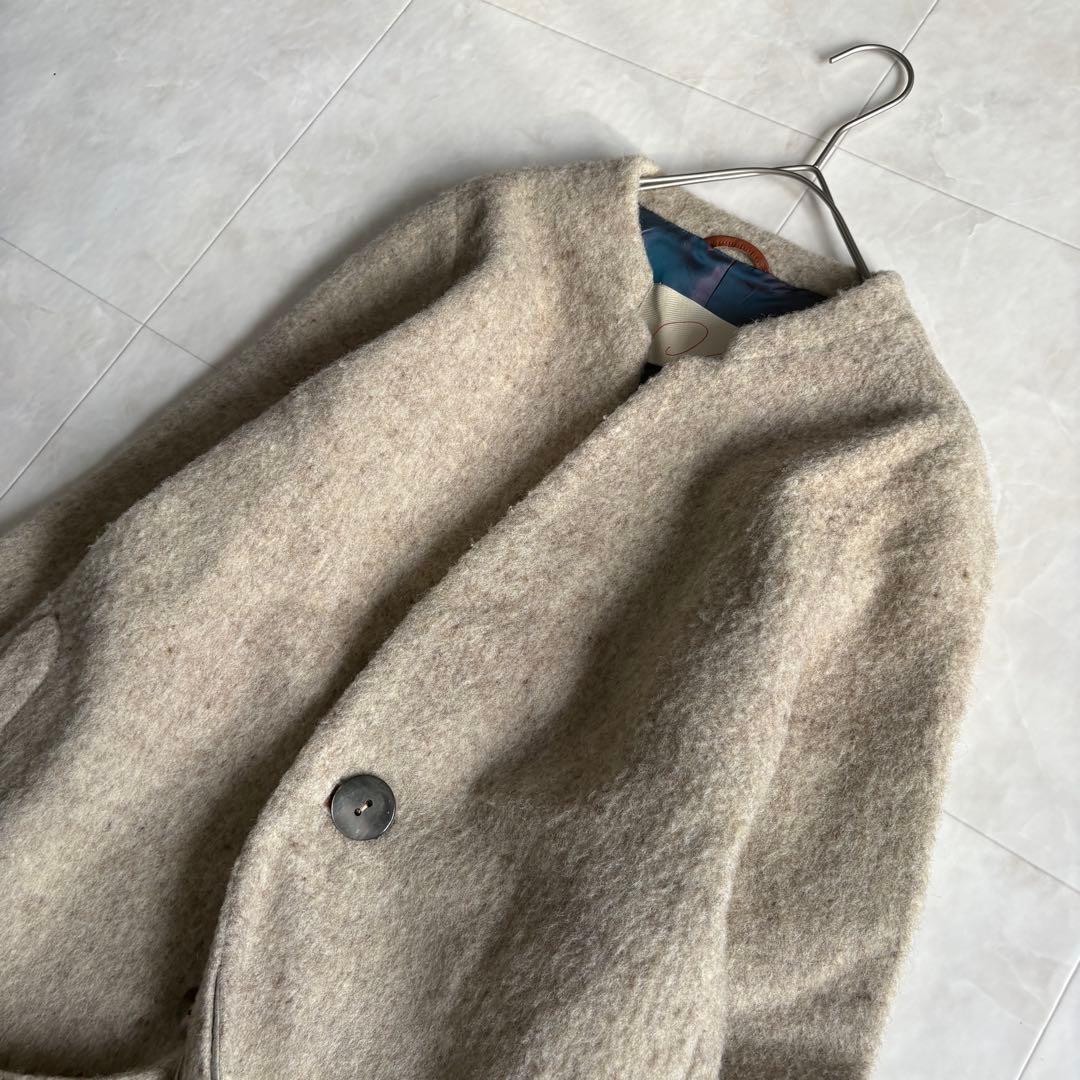 パラスパレス ウール縮絨ノーカラーコート レザー 貝ボタン2 ベージュ系