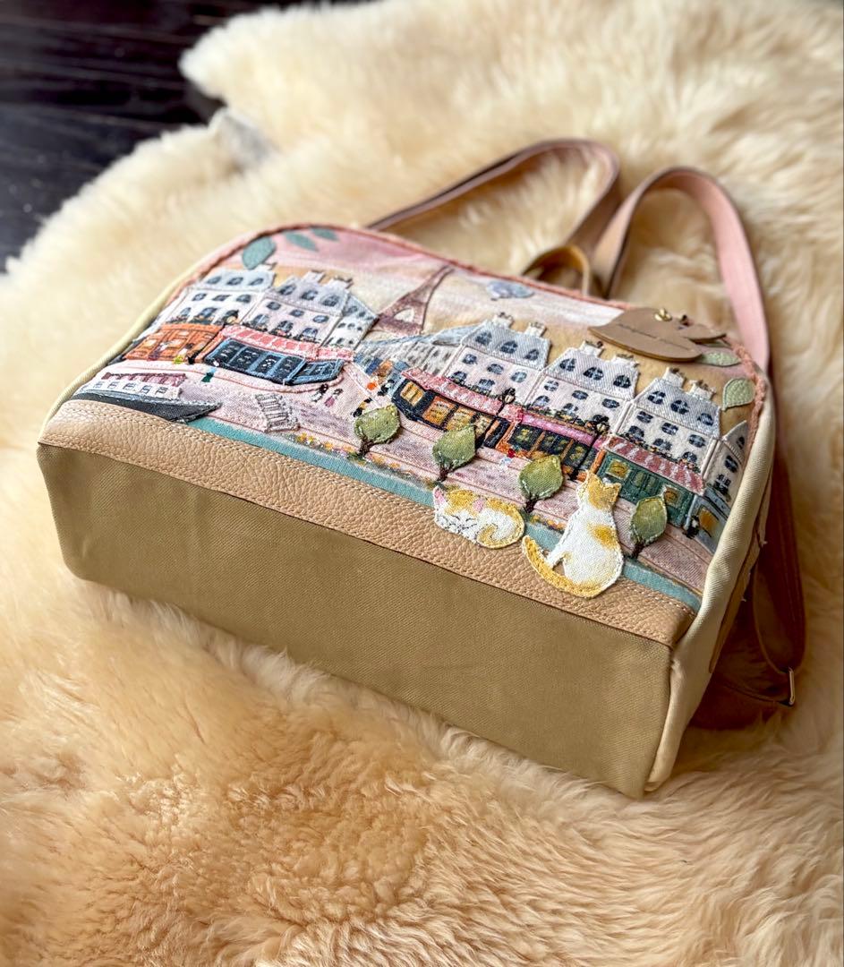 (手づくり)\"ピンクのエッフェル塔\"アップリケ切り絵パリの街並みリュックサック