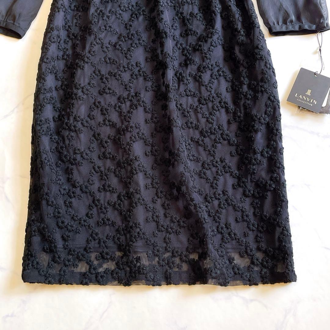 新品 ランバン ワンピース ひざ丈 刺しゅう シフォン フリル ブラック 36