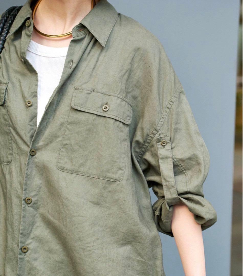 Spick and Span コットンリネンユーティリティーシャツ　カーキ