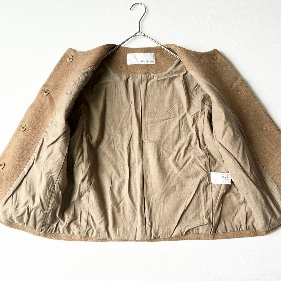 2936y美品　ウィムガゼット　ノーカラーウールショートコート　キャメルベージュ