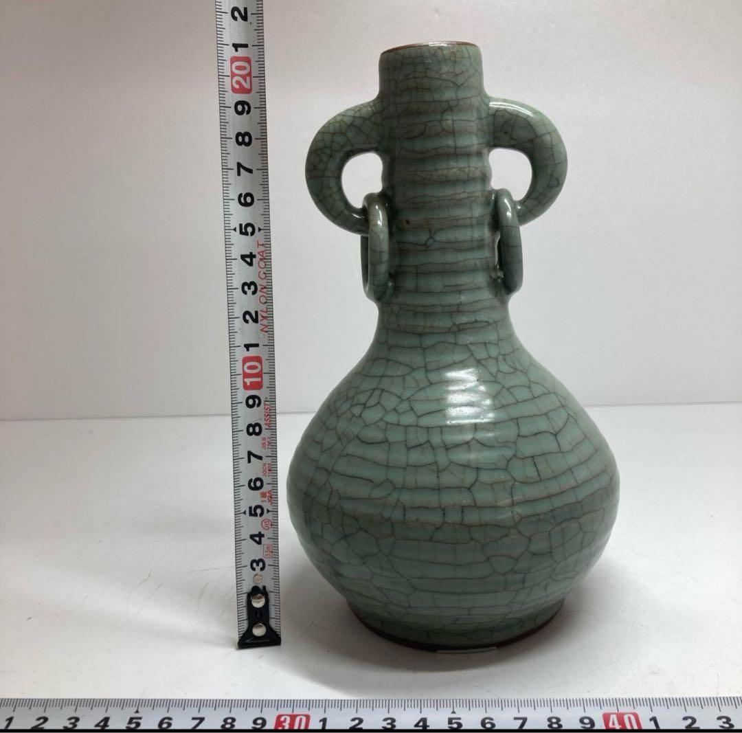 中国古窯哥窯青磁環付花入　口3.5cm 高21.3cm