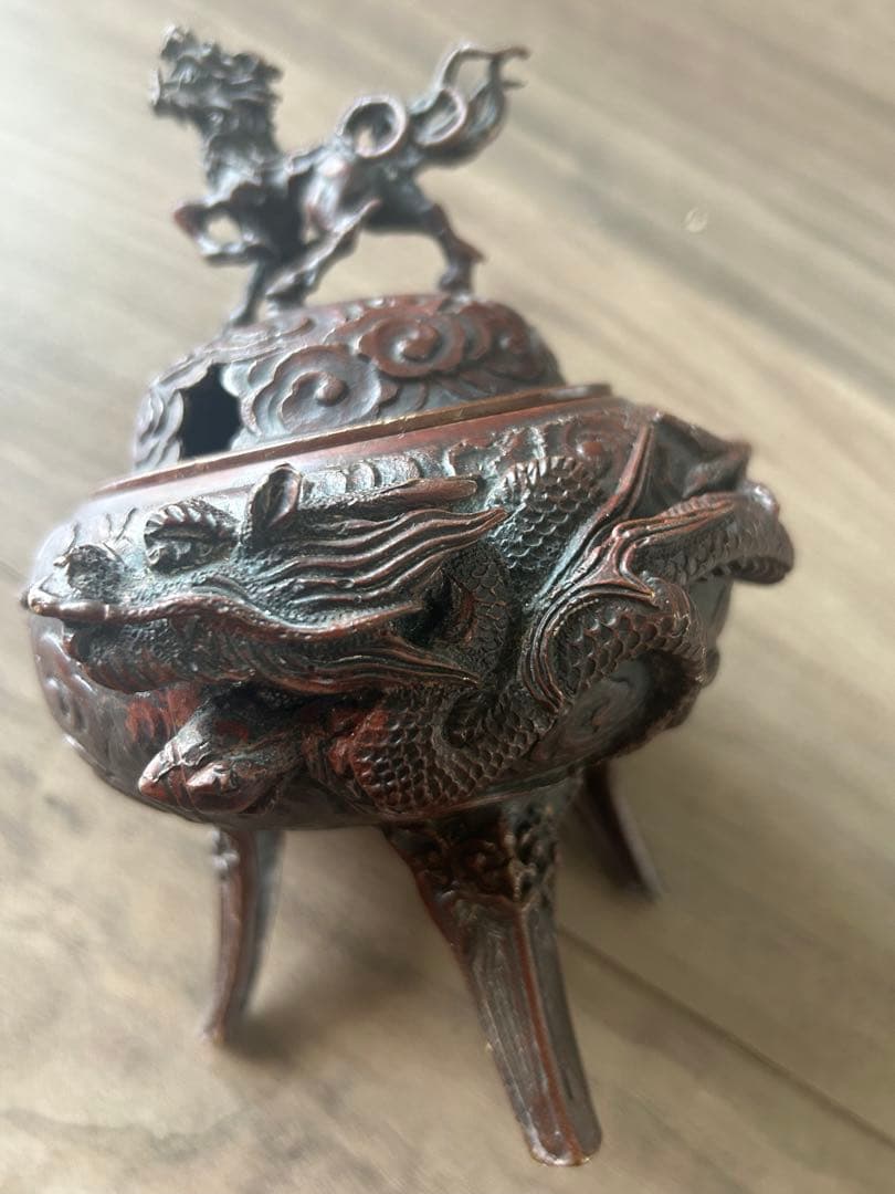 米田秀保 造 鋳銅製 蝋型 麒麟摘 雲龍地文細密彫 三足香炉 茶道具 香道具