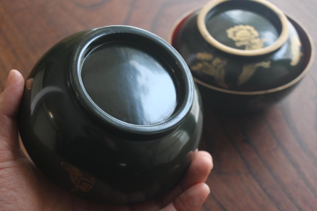 小傷有！時代青塗りに優美な福寿草沈金の煮物椀2点（検輪島塗蒔絵椀沈金椀雑煮椀