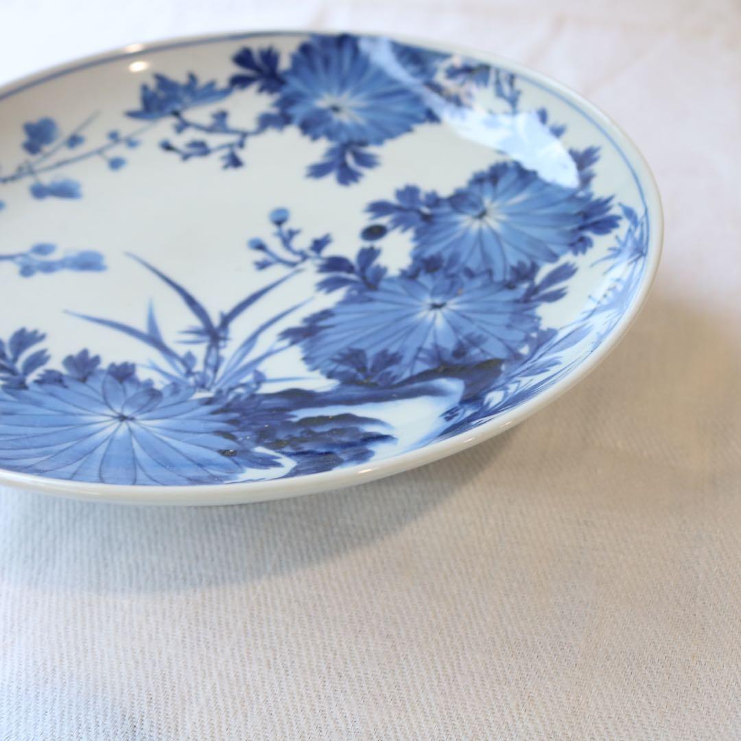時代　染付の美しき四君子　高台皿　明治プレート盛皿大皿（骨董古美術古伊万里鍋島焼