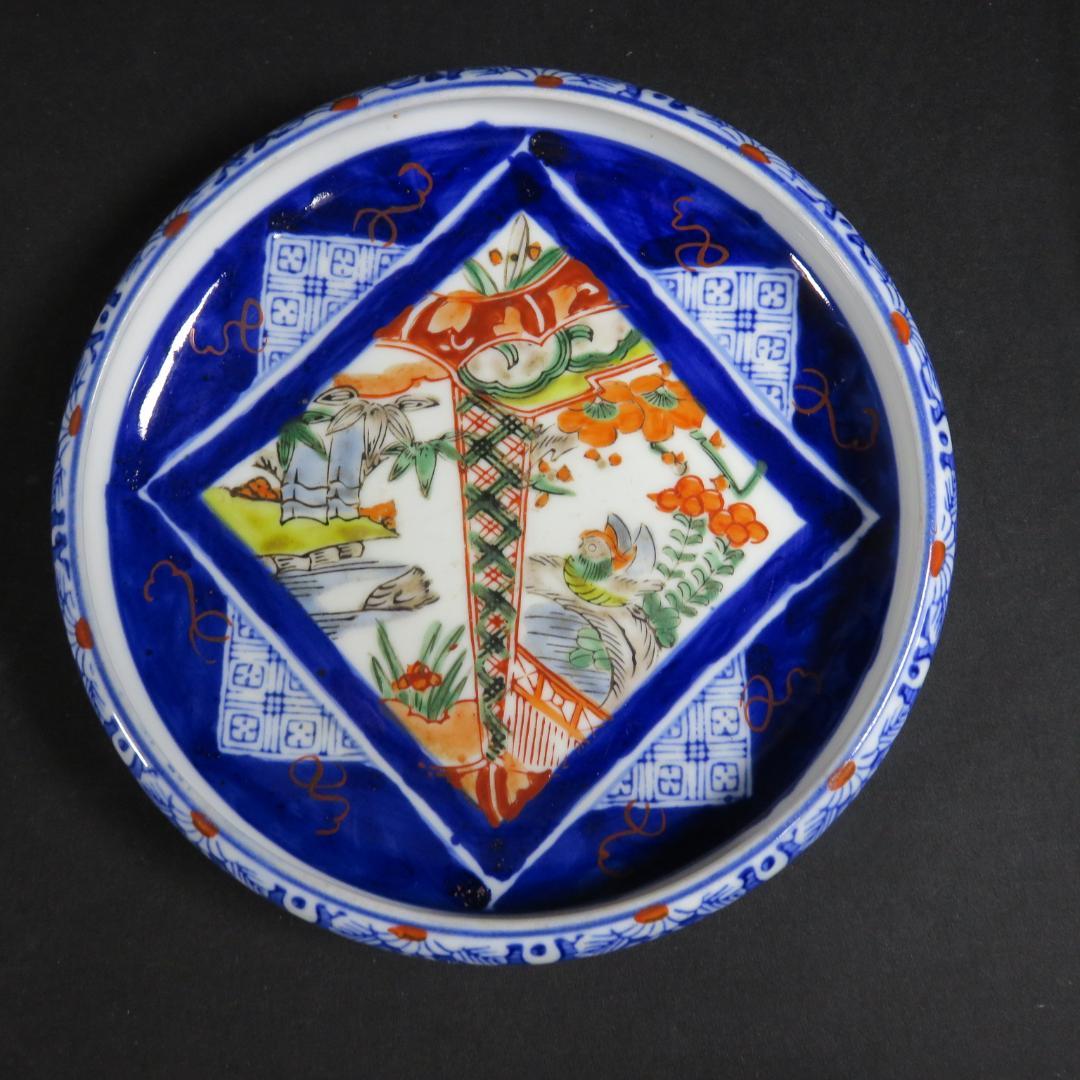 皿 2枚 色絵 古伊万里 変わり縁 鳥 風景 竹 梅