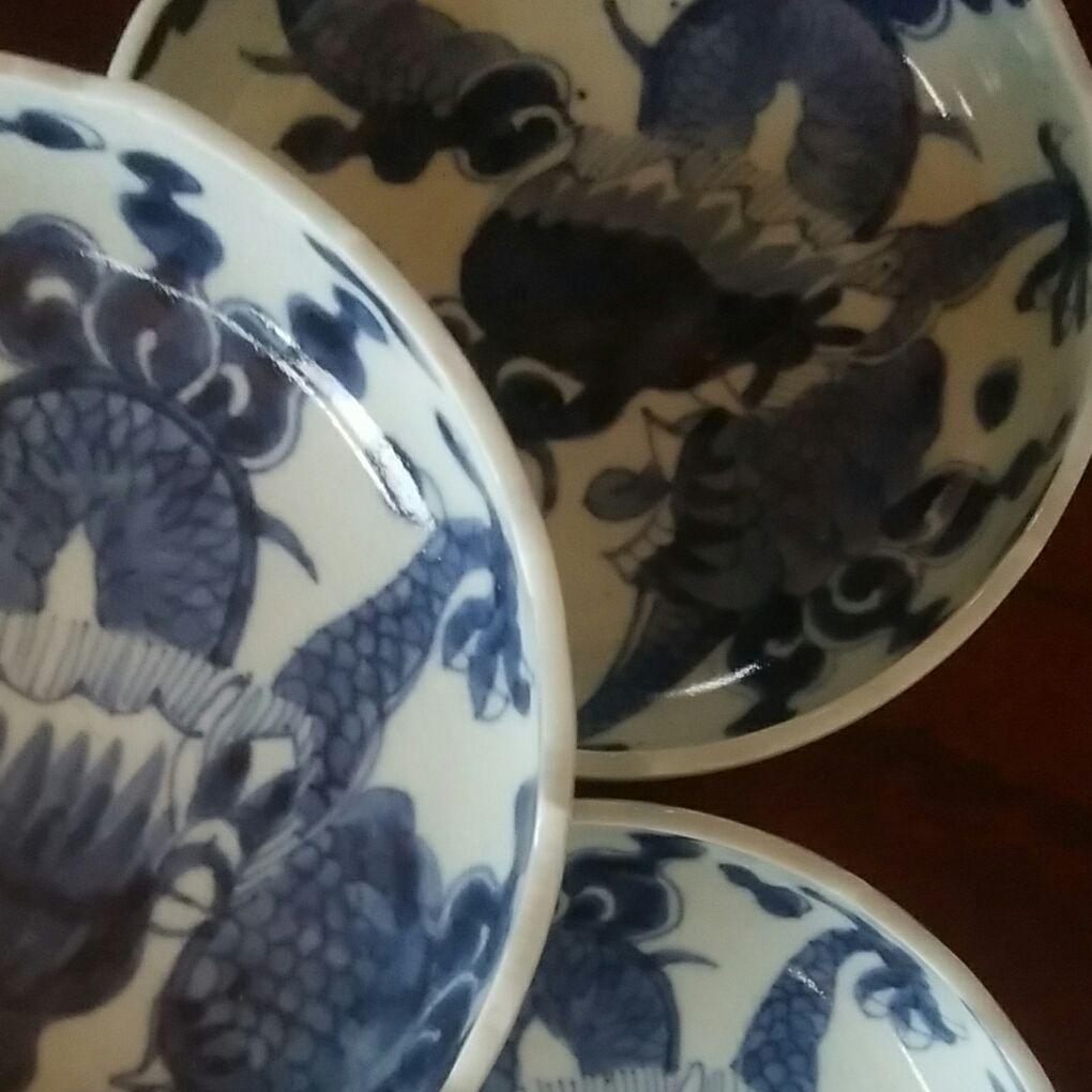 120  古伊万里　染付　龍文様　稜花形　膾皿　5客