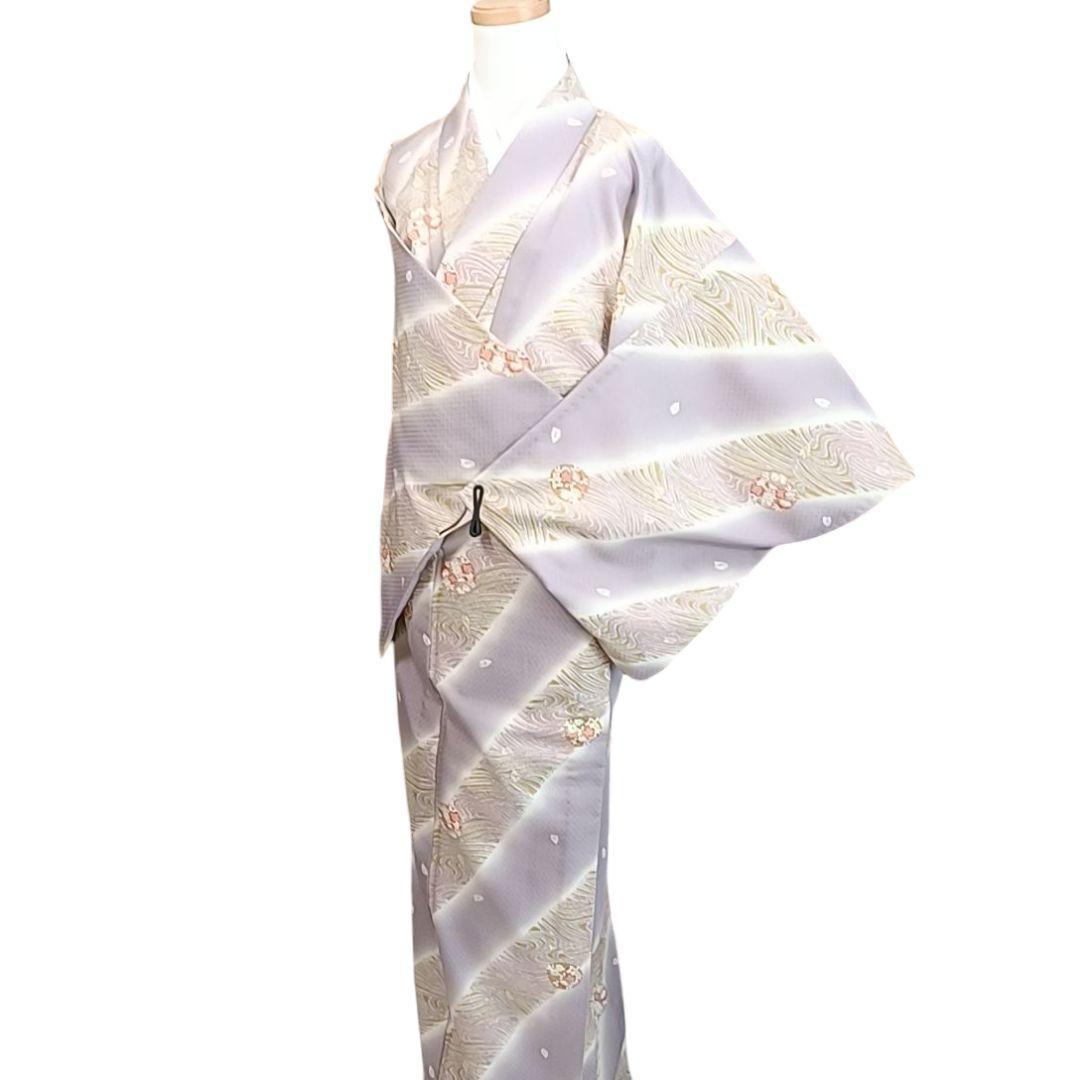 ち*ぃ様 610 華 単衣 着物 小紋 地紋 花 しぼり調 丸に花 紫 白