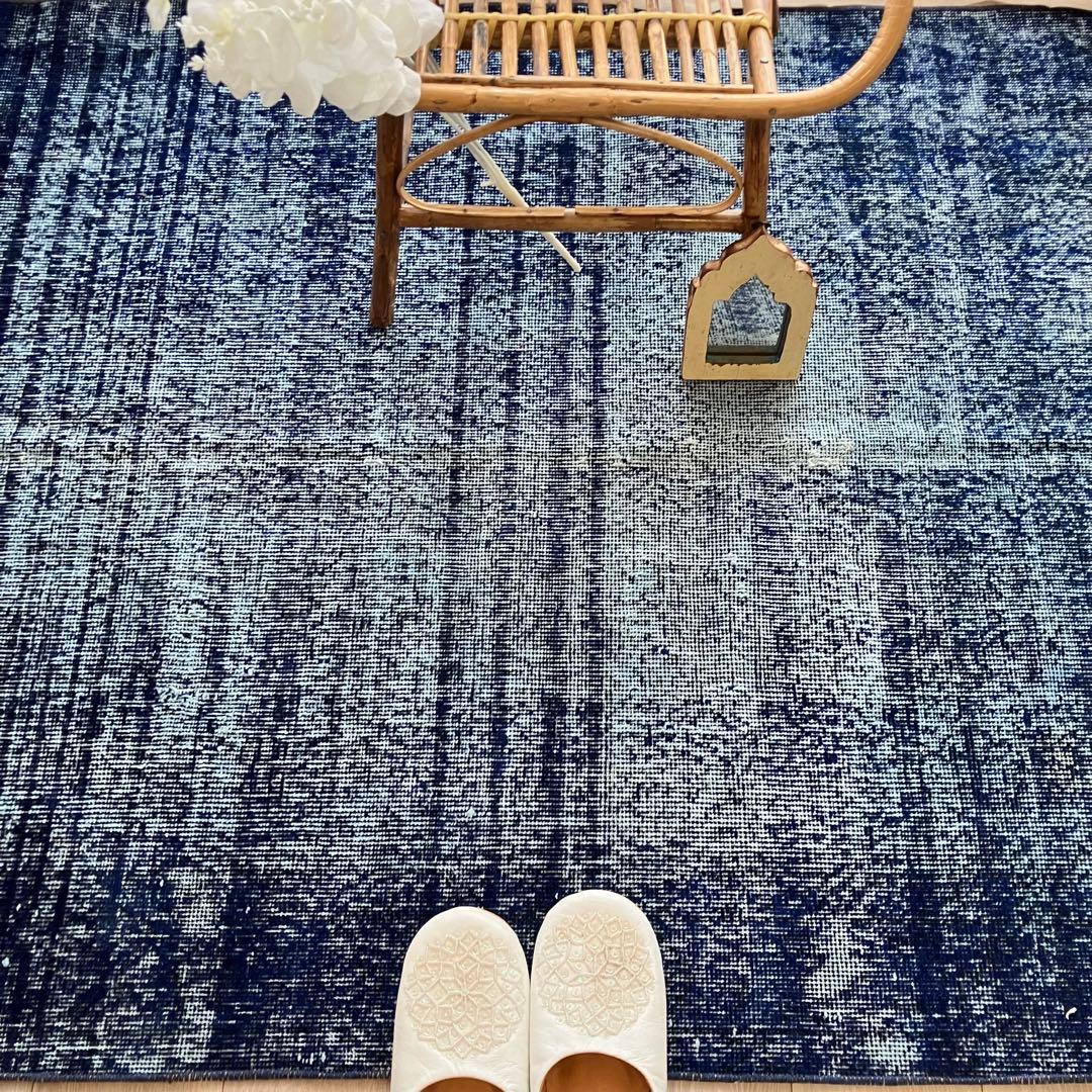 オーバーダイ109×205 デニム　グラデーションブルー　トルコヴィンテージラグ