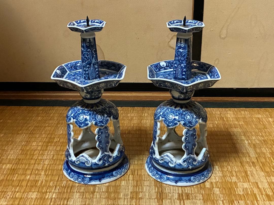 古伊万里 中国 青花 染付 燭台 一対 時代物 中国美術