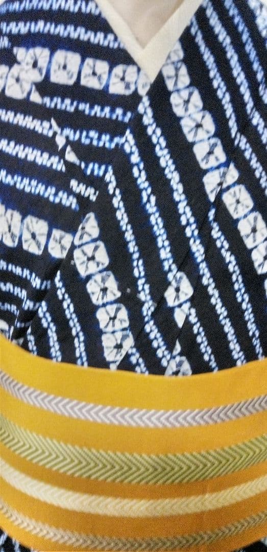 有松絞り浴衣、紺色小紋しつけつき