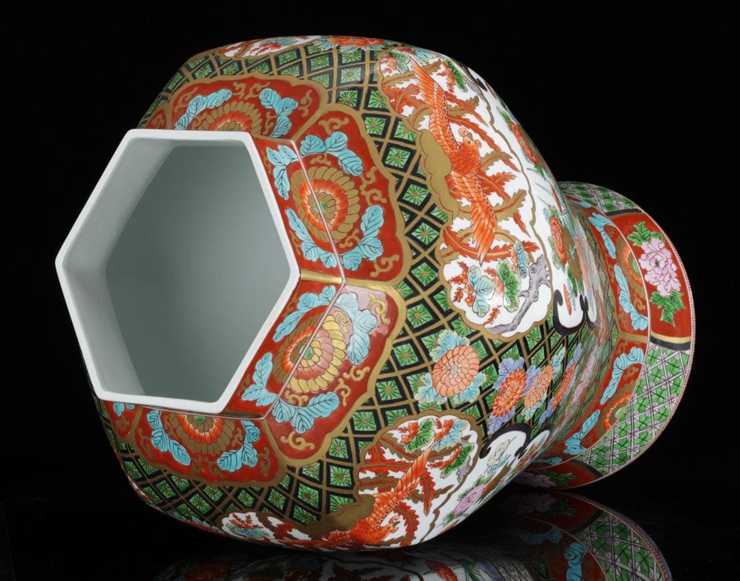 そ*ん様 有田焼 耕右衛門 染錦窓絵鳳凰花尽之図 獅子摘蓋特大三段壺 沈香壺 飾