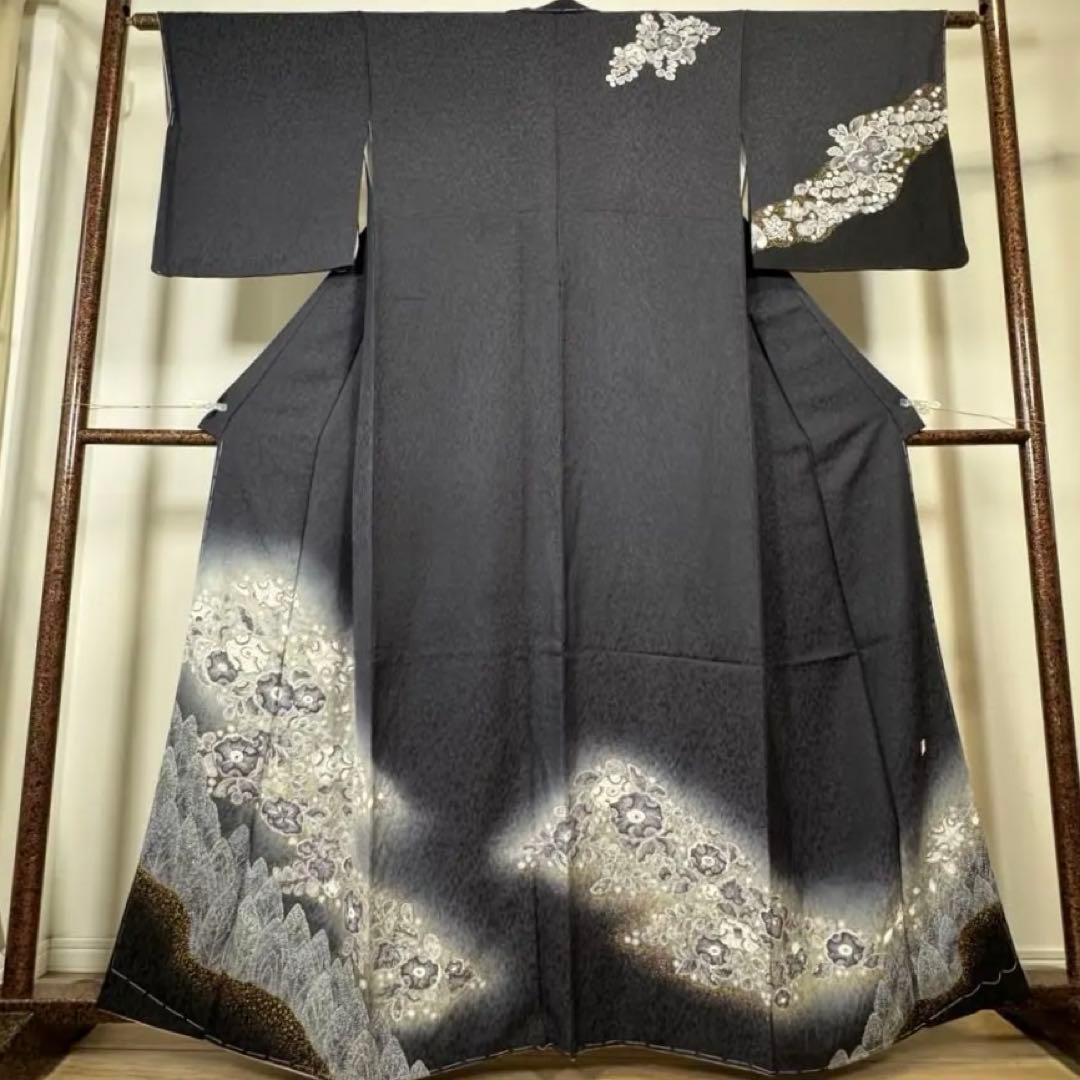 秋冬　しつけ付　林淳一　作家物　辻が花　着物　訪問着　162 現代　墨色　黒