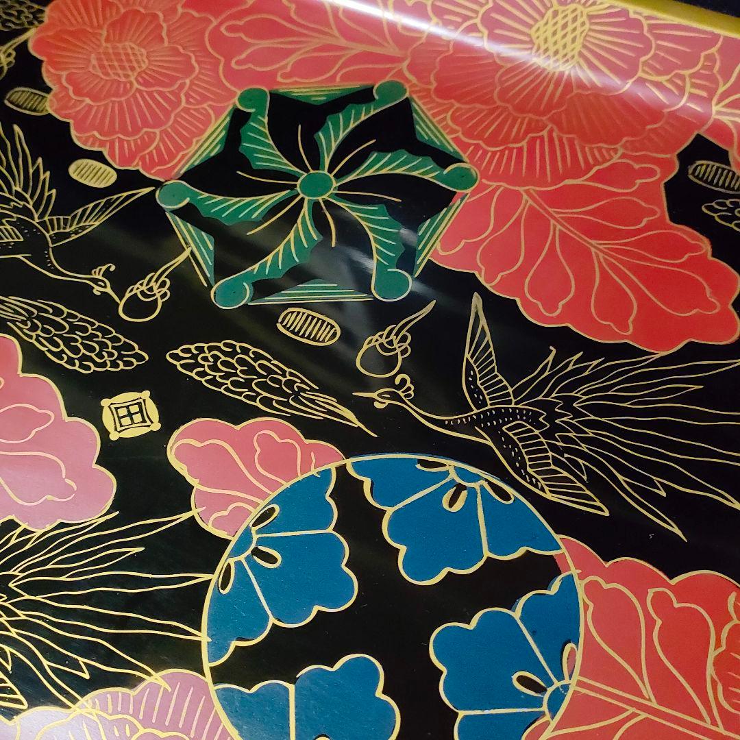 木製本漆塗　皿形長手盆　錦絵　会津塗