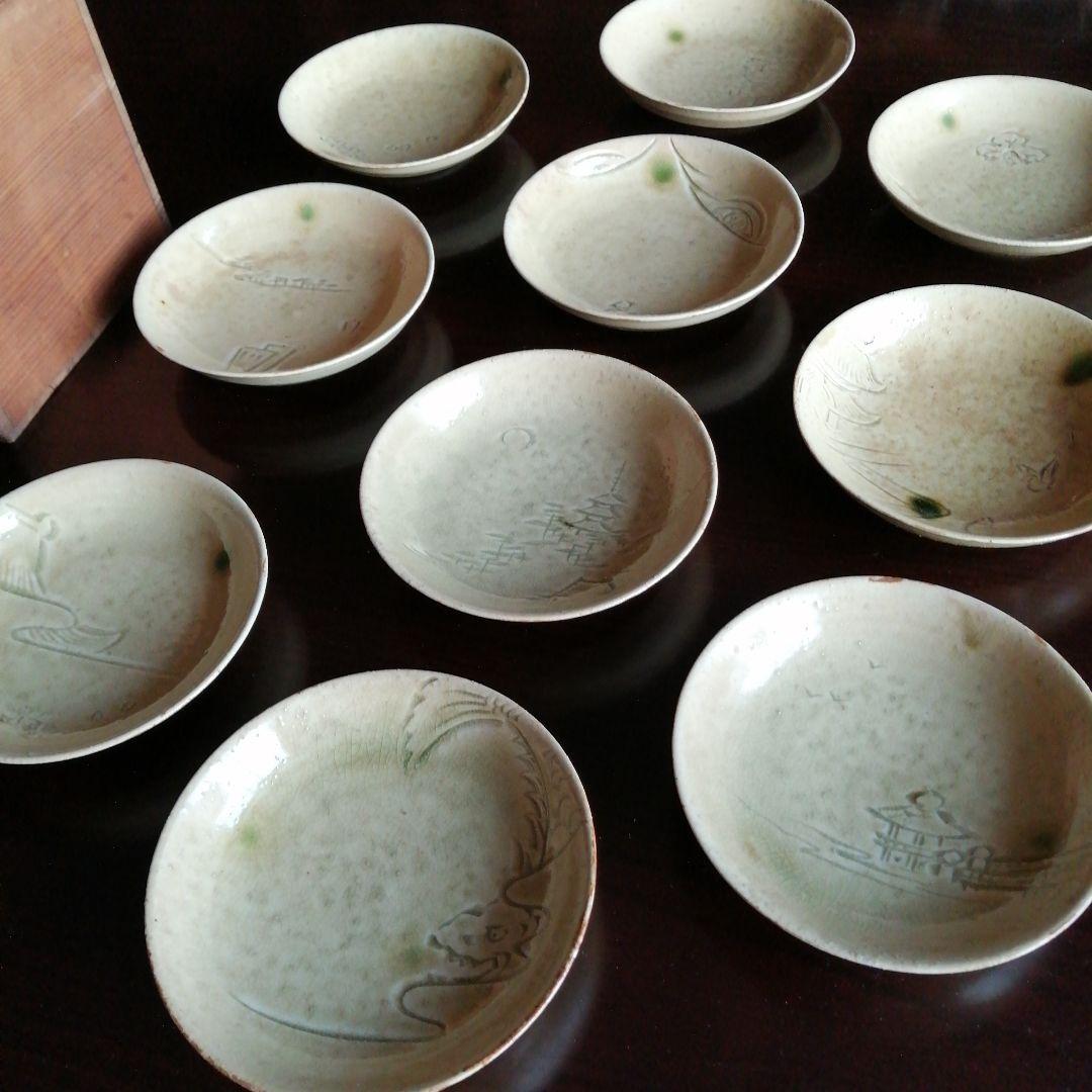 加藤誠逸　名古屋十名所黄瀬戸向付皿　14.5cm　10枚　明治〜昭和初期