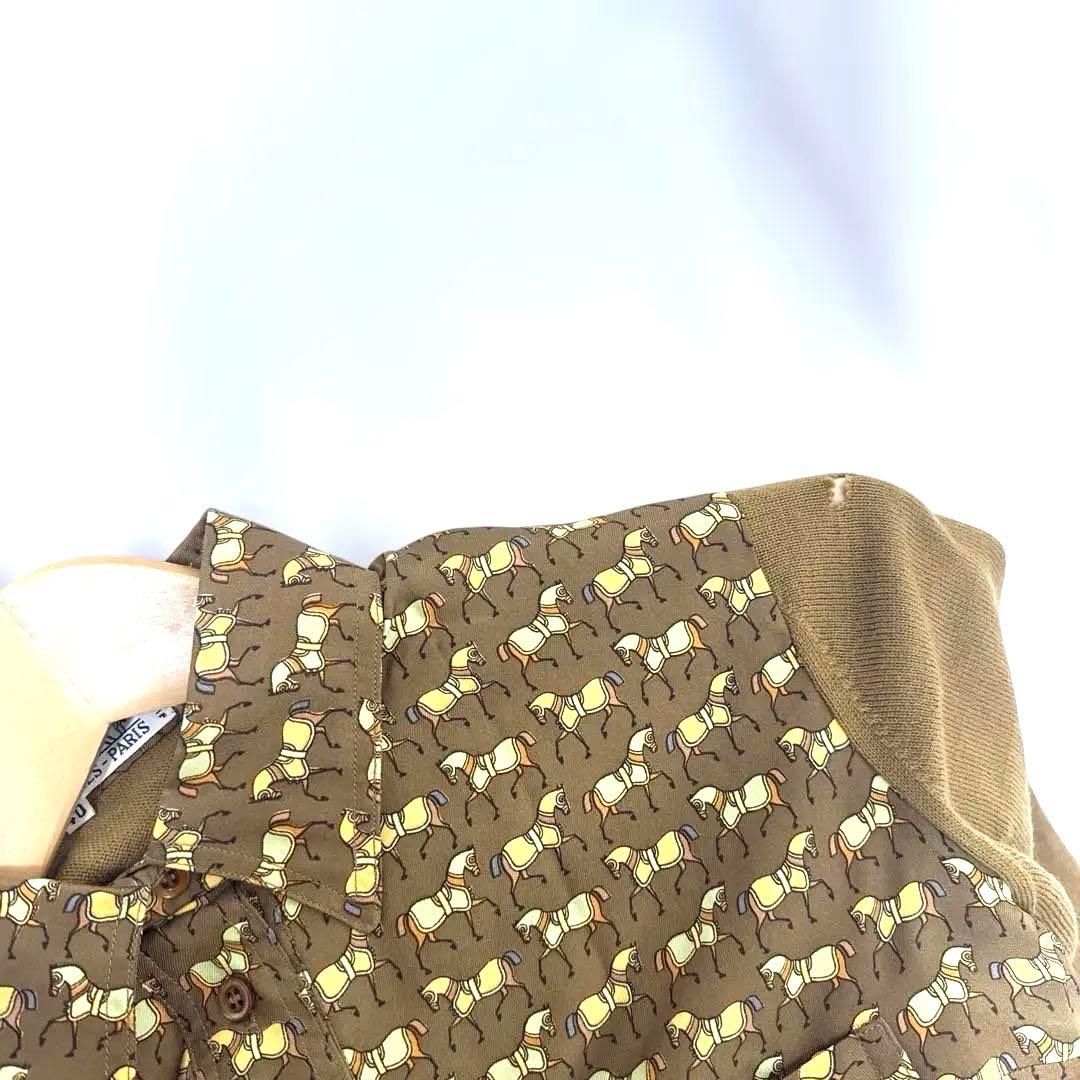 HERMÈS エルメス 長袖シルクシャツ 袖ニットデザイン 上品シンプル 訳あり