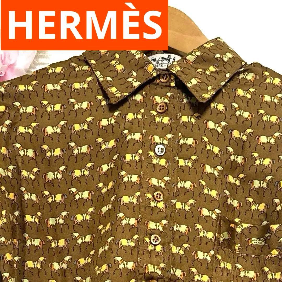 HERMÈS エルメス 長袖シルクシャツ 袖ニットデザイン 上品シンプル 訳あり