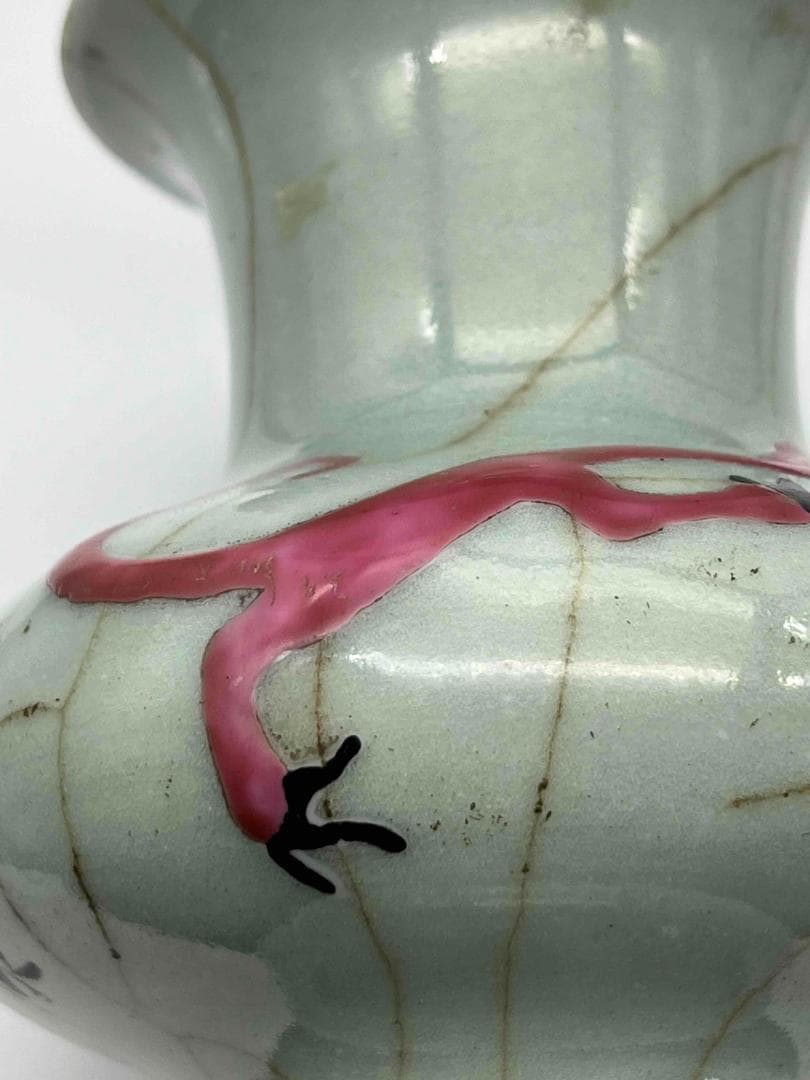 清康熙時代 墨書【康熙年製】在銘官汝窯 郊壇 粉彩炉鼎文 詩文花觚 (C-78)