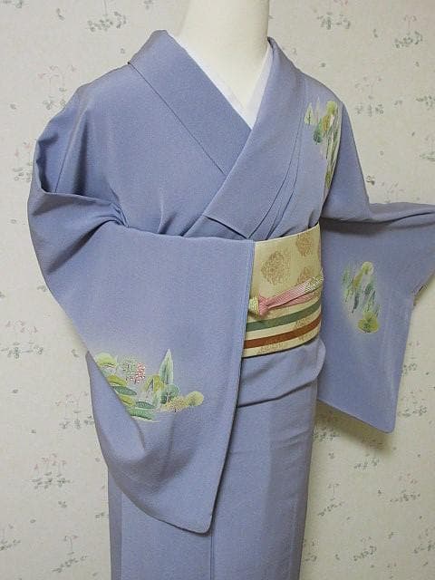 訪問着：美品：白梅と石庭と森：ブルーグレー：袷正絹：P8