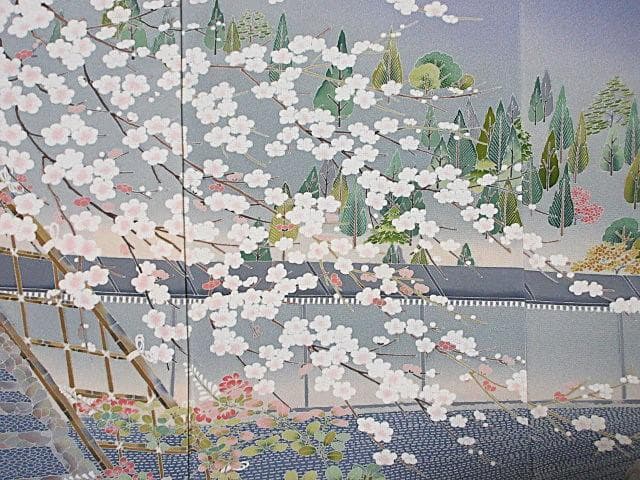 訪問着：美品：白梅と石庭と森：ブルーグレー：袷正絹：P8