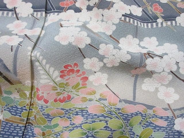 訪問着：美品：白梅と石庭と森：ブルーグレー：袷正絹：P8