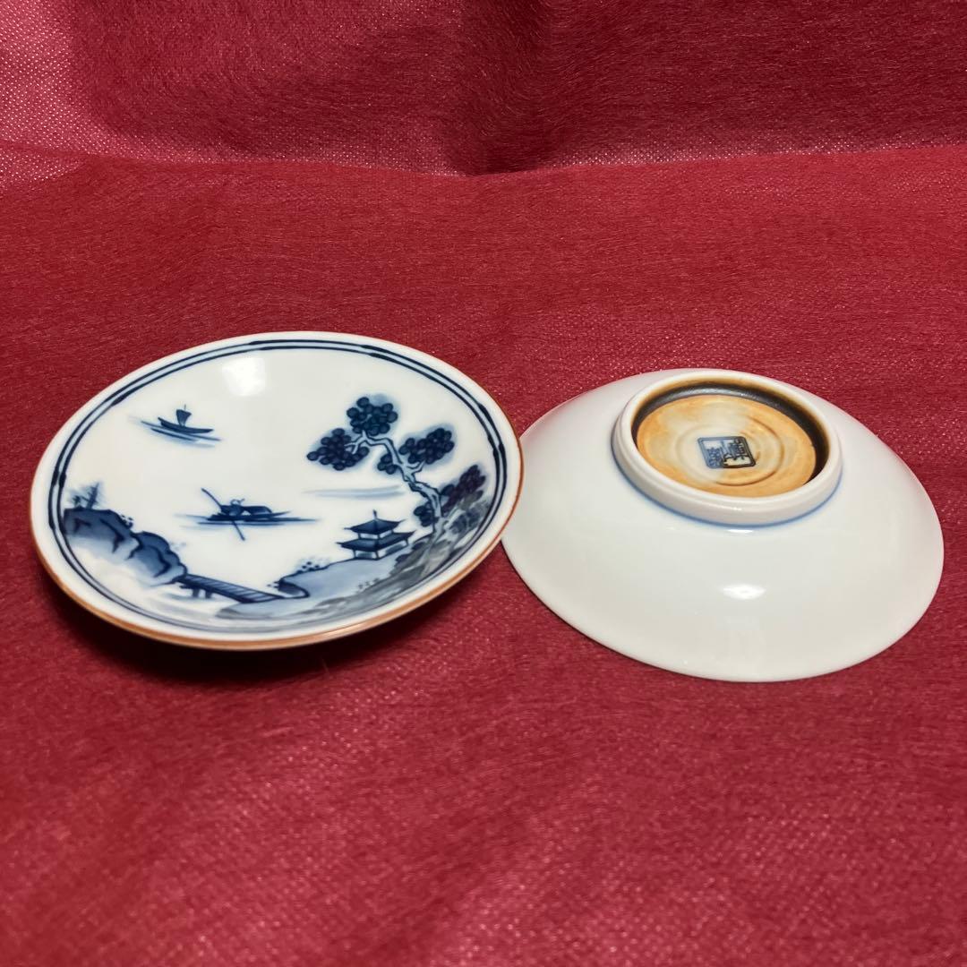 前畑陶器　庫山窯　染付山水画　豆皿揃　小皿揃　手塩皿　おてしょ　和食　五枚組