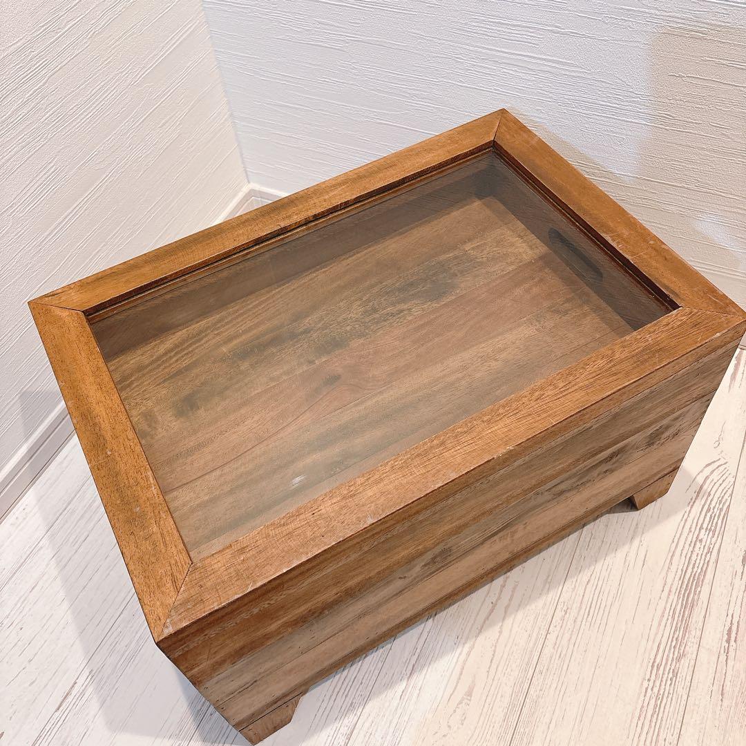 木製テーブル アクセサリーケース ディスプレイ ガラス蓋つき ガラス天板