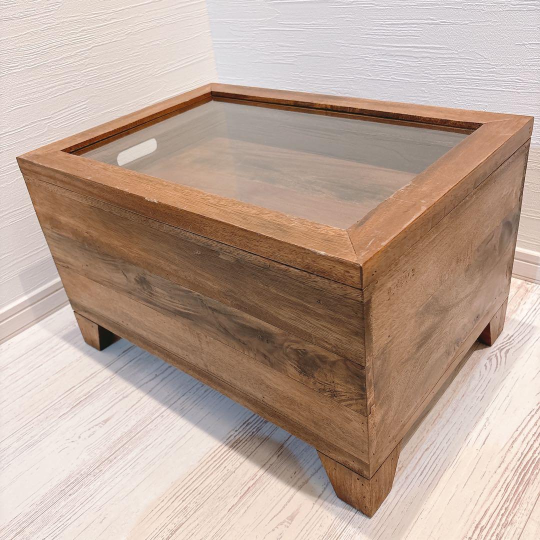 木製テーブル アクセサリーケース ディスプレイ ガラス蓋つき ガラス天板