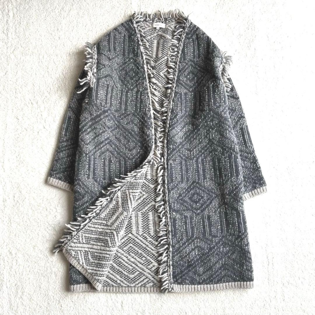 美品 スキャパ SCAPA フリンジ付き幾何学模様 ニットカーディガン 44