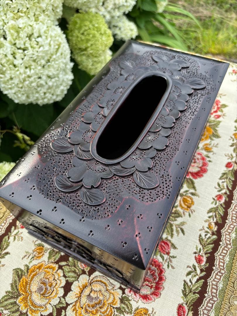 軽井沢彫り　木製桜彫刻　ティッシュボックス 伝統工芸品