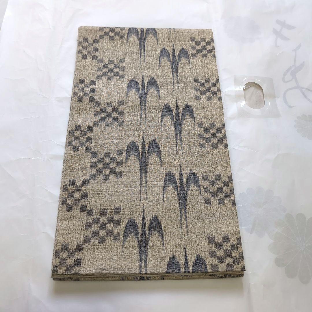 新品 未使用 正絹 袋帯 本場 琉球 つばめ 格子市松 櫛織り 通知使用 薄茶灰