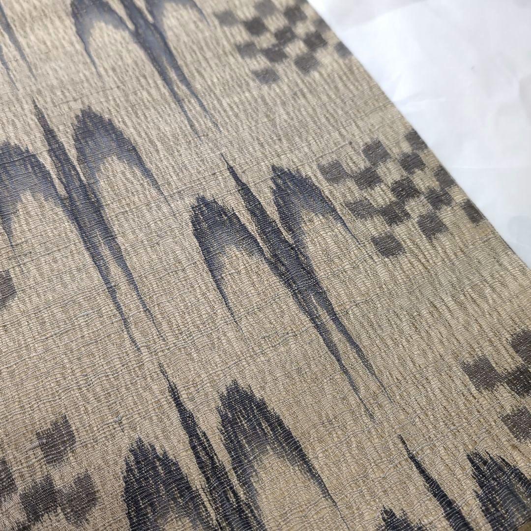 新品 未使用 正絹 袋帯 本場 琉球 つばめ 格子市松 櫛織り 通知使用 薄茶灰